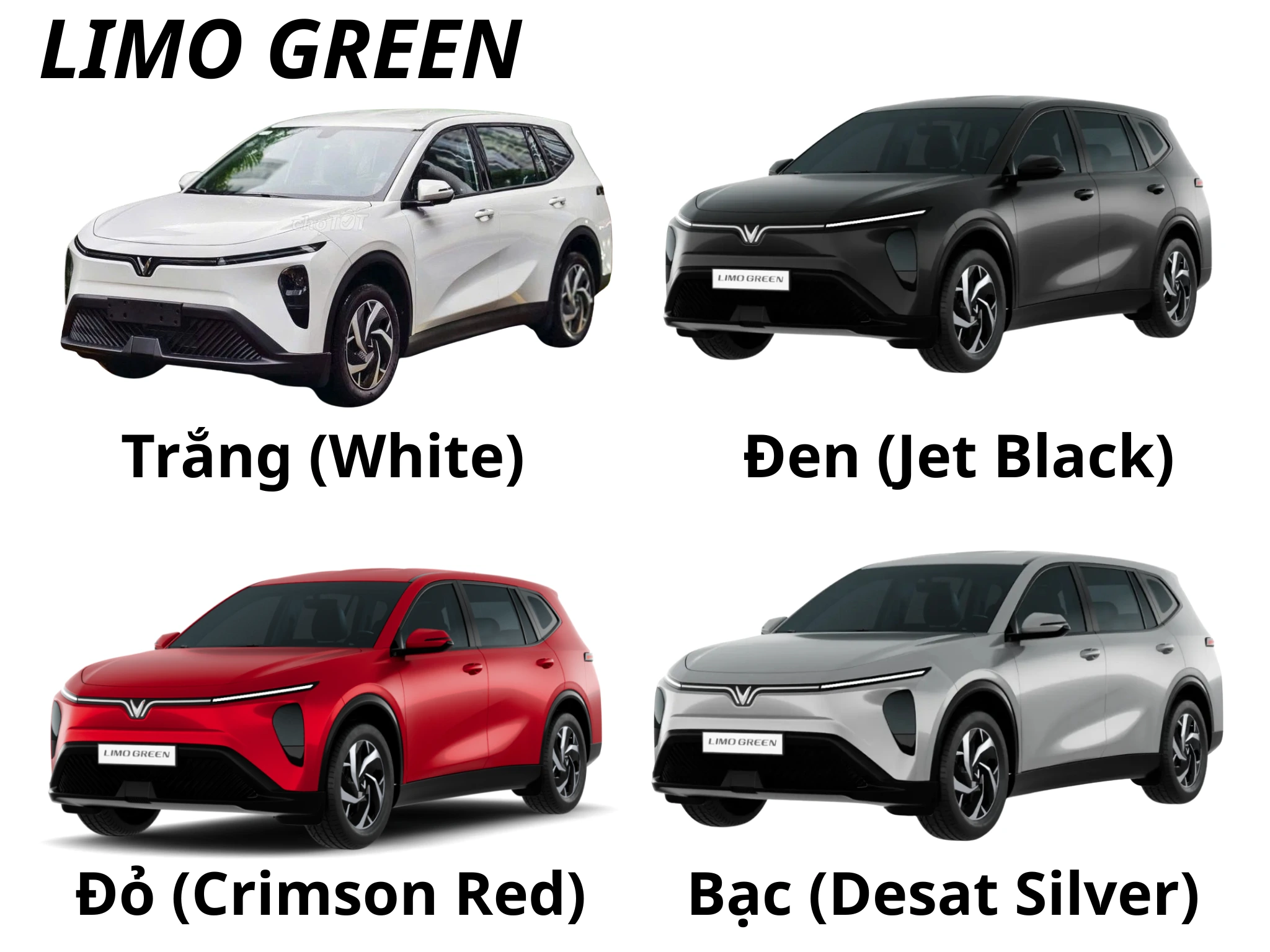 Hình ảnh thực tế các lựa chọn màu sắc của dòng xe VinFast Limo Green cho khách hàng chạy dịch vụ biển vàng.